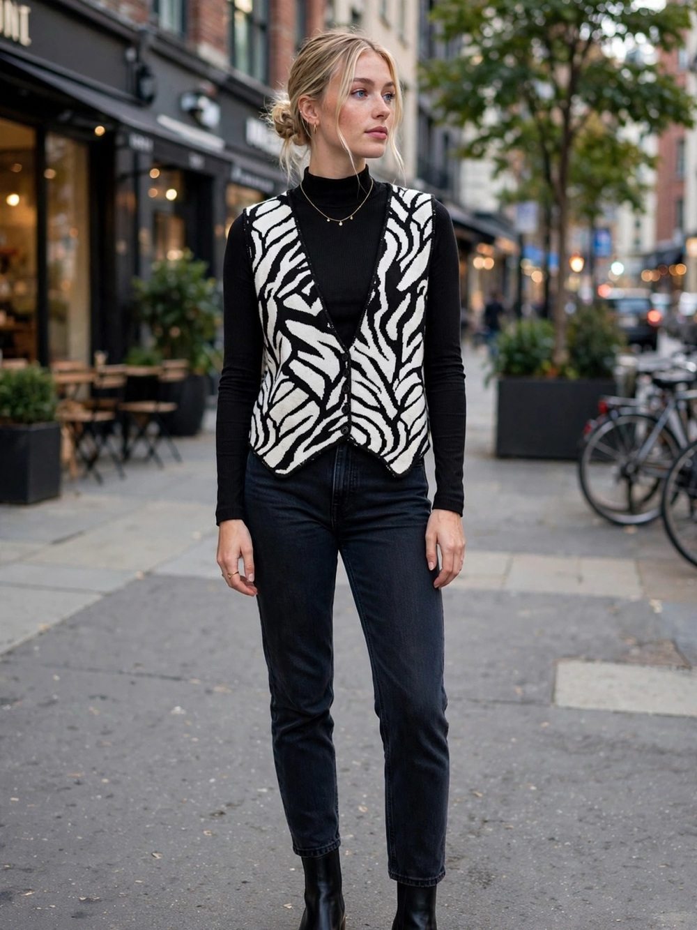 Zebra Print Knit Vest V-Neck Button Front Sleeveless Sweater Vest | Fits M